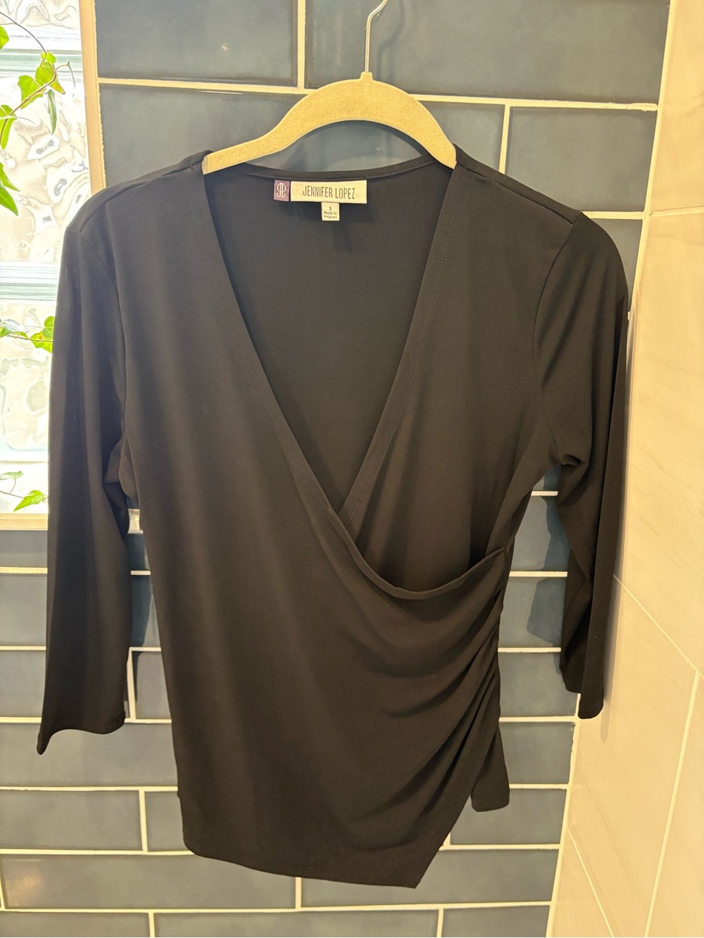 Jennifer Lopez Black Draped Wrap-Front Long Sleeve Top